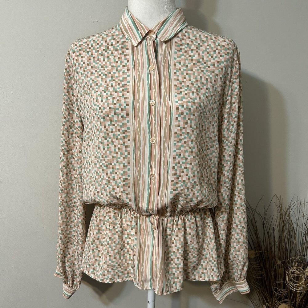 James Kenrob By Dalton Women Blouse Long Sleeve Button Up Multicolor Peplum 16